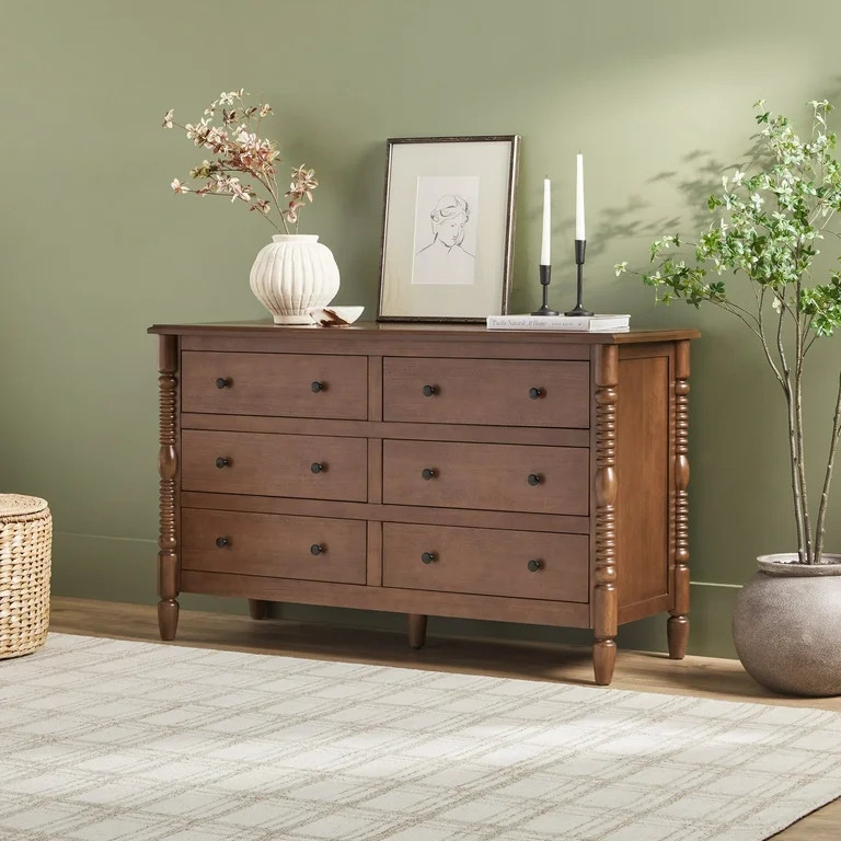 Vivienne Walker Edison Easy Assembly Solid Wood Spindle 6-Drawer Dresser - Dark Brown | Walmart (US)