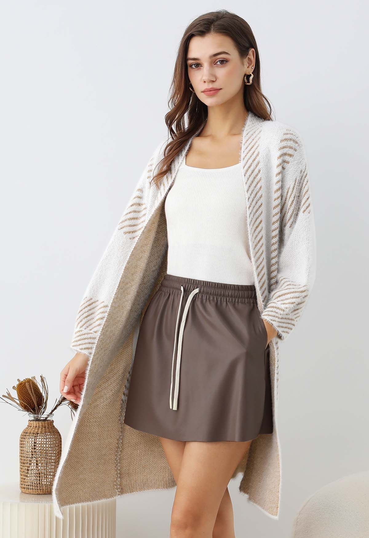 Diagonal Stripe Fuzzy Knit Longline Cardigan | Chicwish