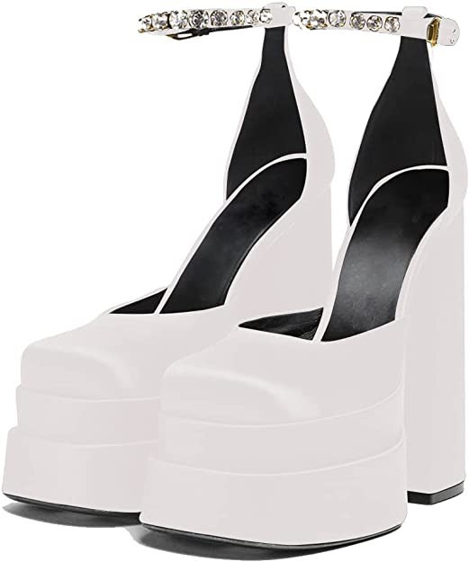 VIMISAOI Chunky Block Heels for Women Fashion Square Toe Ankle Strap Buckle Rhinestones Wedge Sil... | Amazon (US)