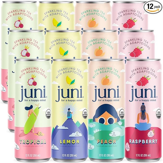 Juni Sparkling Tea with Adaptogens, Zero Sugar, 5 Calories, Organic, Iced Tea, Natural Caffeine f... | Amazon (US)