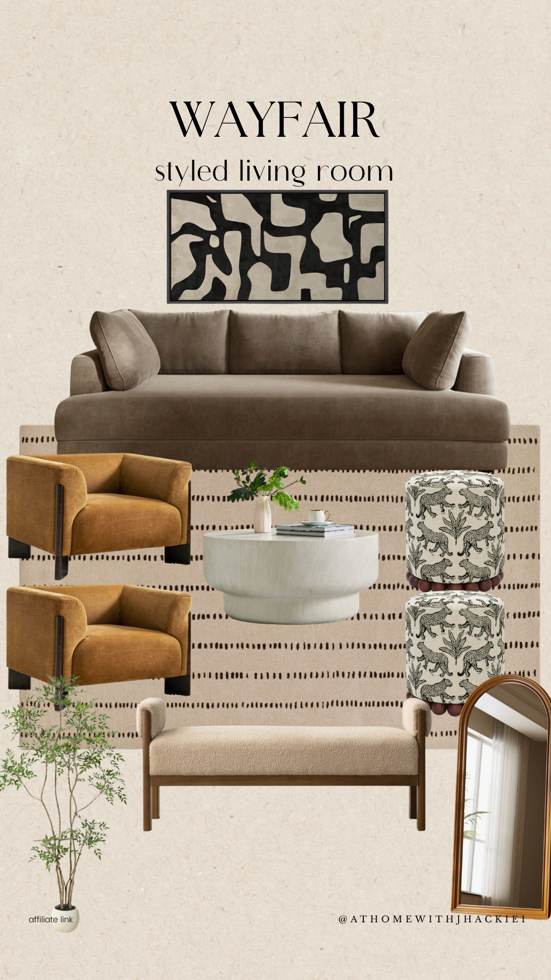 Wayfair Styled Living Room: Wayfair living room, Wayfair furniture finds, Wayfair home decor, living room inspiration, neutral living room, warm modern living room, transitional living room, cozy living room ideas, brown sofa, accent chairs, statement ottoman, neutral area rug, round coffee table, upholstered bench, arched floor mirror, organic modern living room, designer inspired furniture, affordable living room furniture, Wayfair finds, living room furniture ideas

#LTKHome