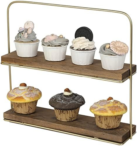 MyGift 2 Tier Cupcake Stand, Burnt Wood Dessert and Appetizer Rack with Vintage Brass Metal Wire Fra | Amazon (US)