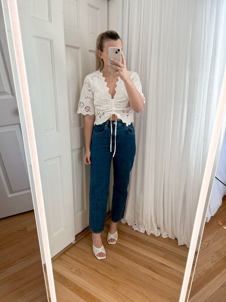 Simple spring outfit, wearing size small in the top & 26 in jeans, perfect fit & heels are TTS 💙 spring outfit, office outfit, workwear, white outfit

#LTKworkwear #LTKfindsunder100 #LTKsalealert