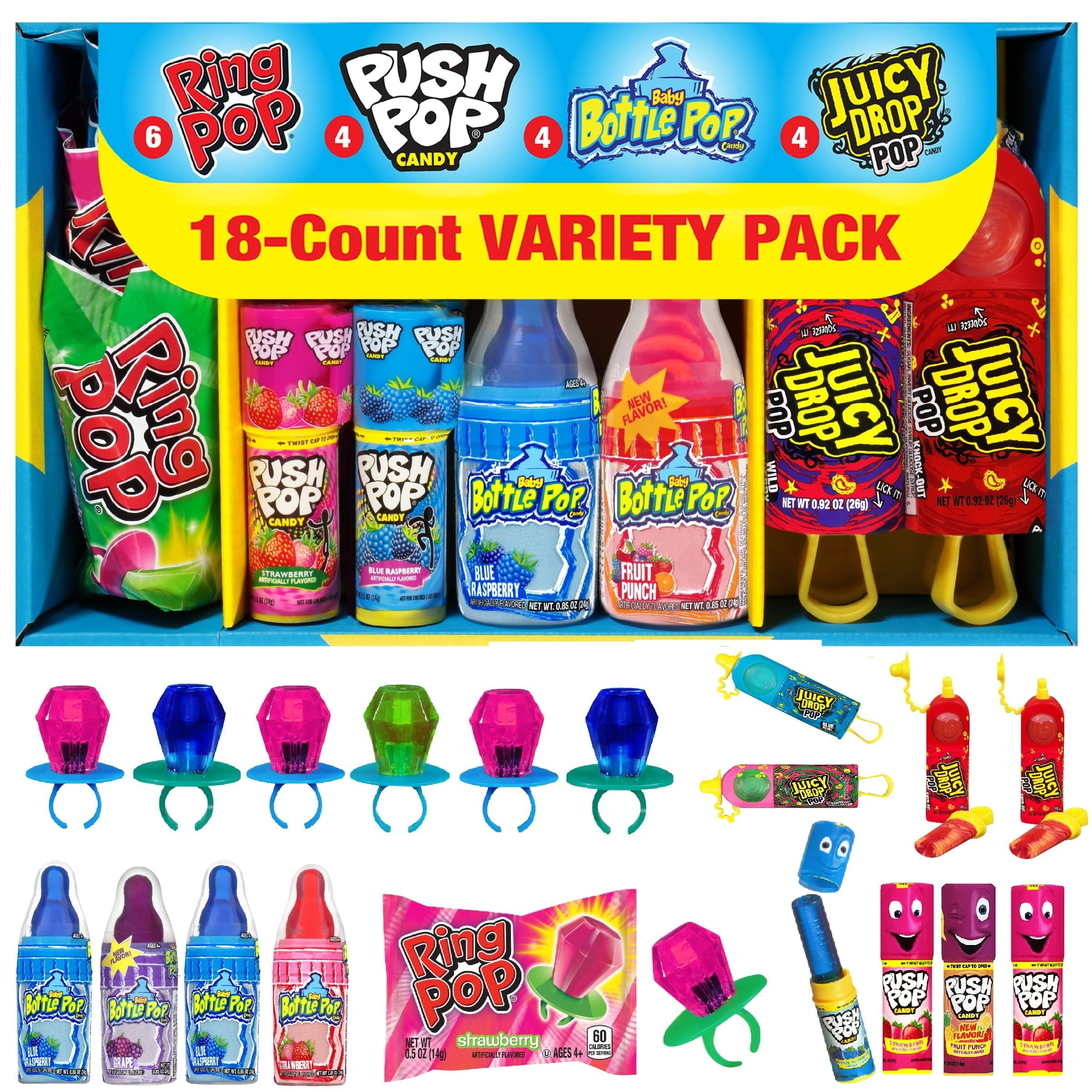 Candy Variety Pack - 18 Count Assorted Lollipops - Ring Pop, Push Pop, Baby Bottle Pop & Juicy Dr... | Amazon (US)