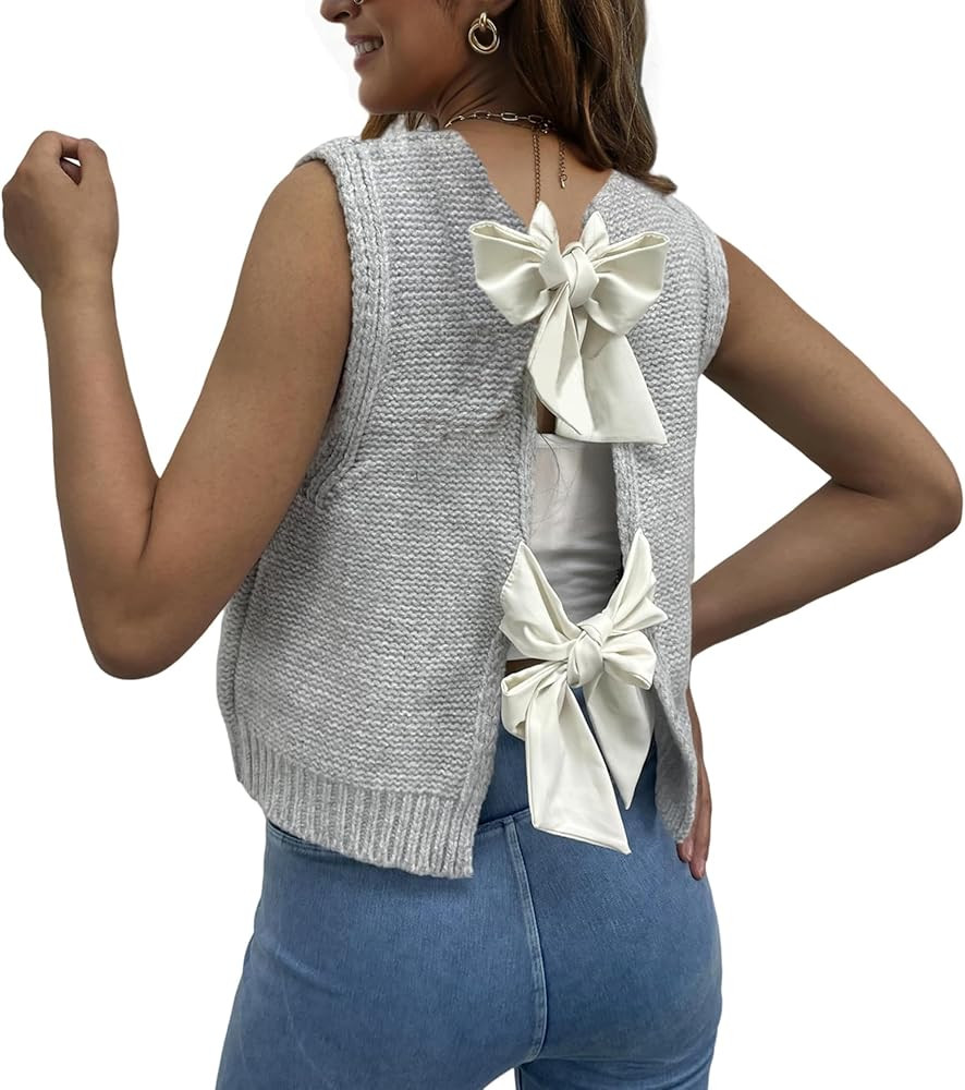 Women Y2k Bow Tie Sweater Vest Top Back Split Sleeveless Crochet Short Sweater Shirt Casual Knit ... | Amazon (US)