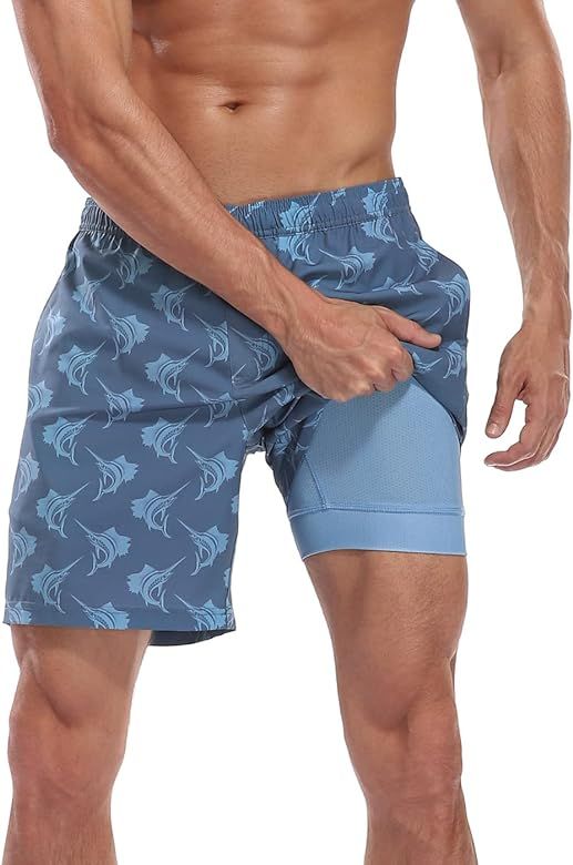 LRD Men's Swim Trunks with Compression Liner 7 Inch Inseam Quick Dry Swim Shorts | Amazon (US)