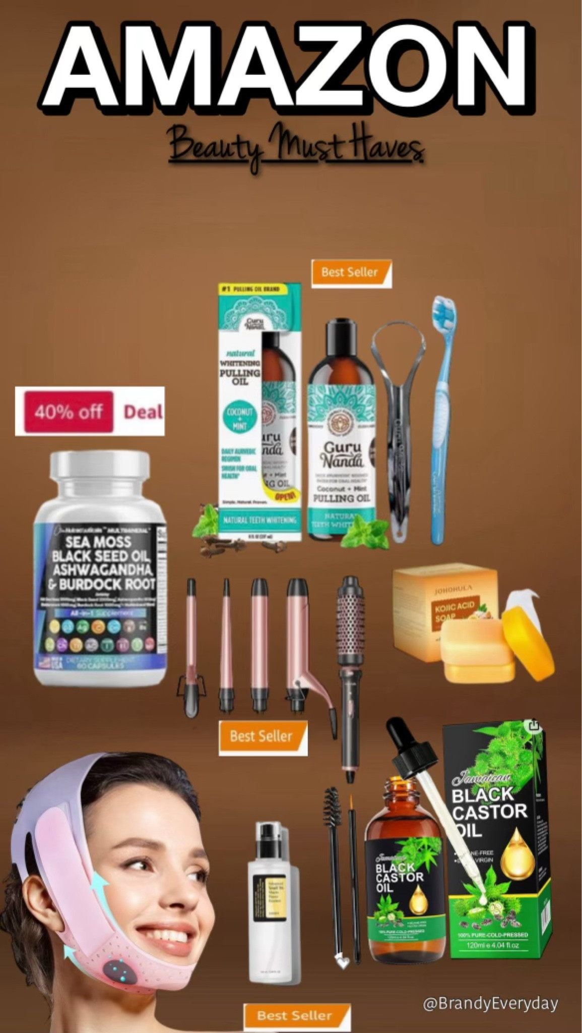 Amazon Beauty Must Amazon: Sea moss black seed oil burdock root, wavy talk 5 in 1 set, Kojic acid turmeric soap, face slimming strap, black castor oil, snail mucin, guru nanda oil pulling 

#LTKfindsunder100 #LTKbeauty #LTKMostLoved