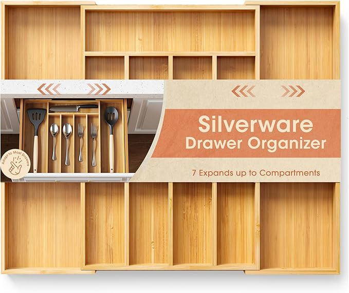 AUJEN Bamboo Silverware Organizer - Expandable Drawer Organizer, Adjustable Utensil Organizer, Ki... | Amazon (US)
