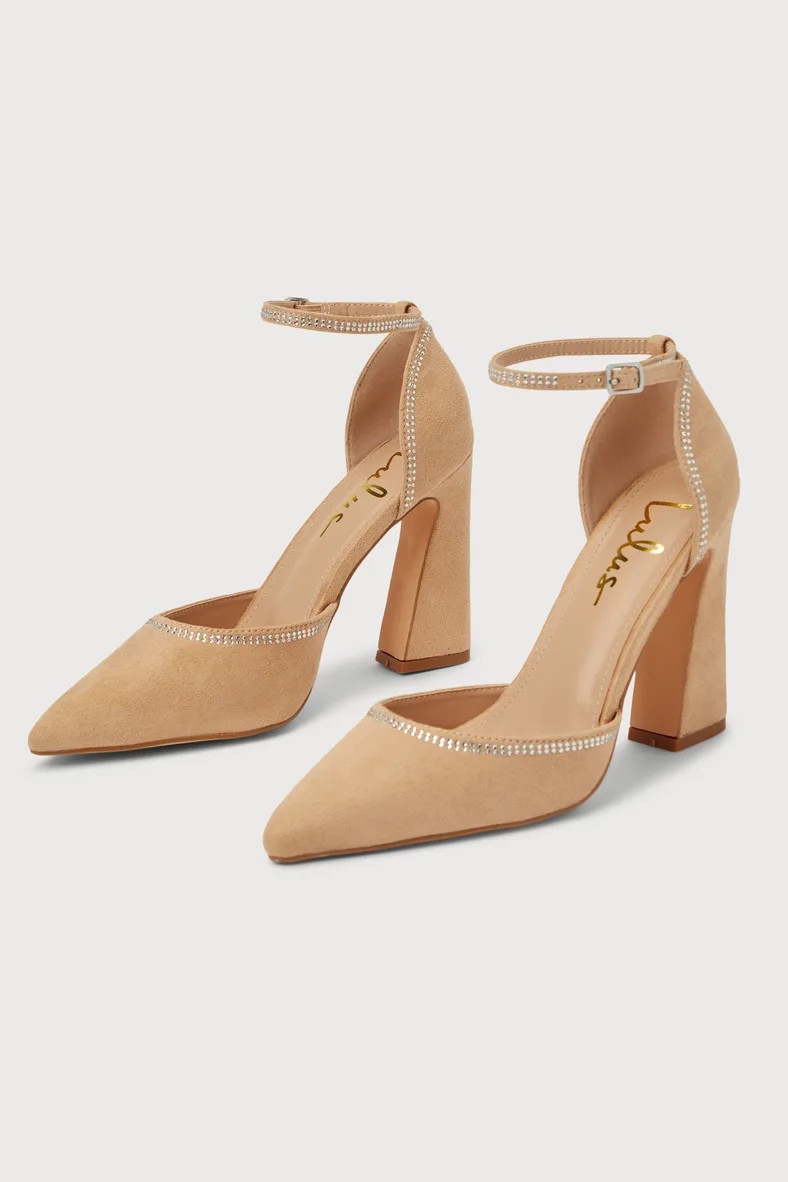 Lingie Light Nude Suede Rhinestone Pointed-Toe Pumps | Lulus (US)