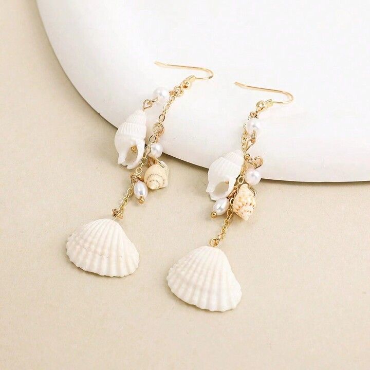 1pair New Long Style Seashell & Faux Pearl Dangle Earrings, Suitable For Women To Wear On Beach V... | SHEIN