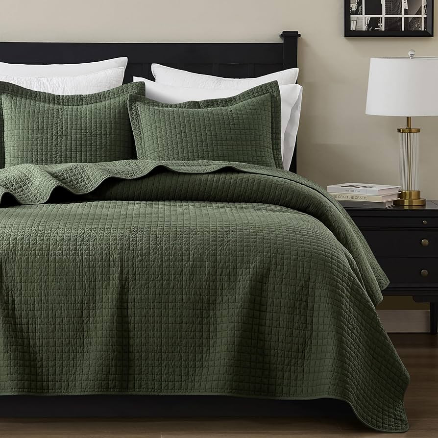 WDCOZY 100% Cotton King Size Quilt Set - Olive Green Box Pick Stitch Soft Lightweight Bedspread, ... | Amazon (US)