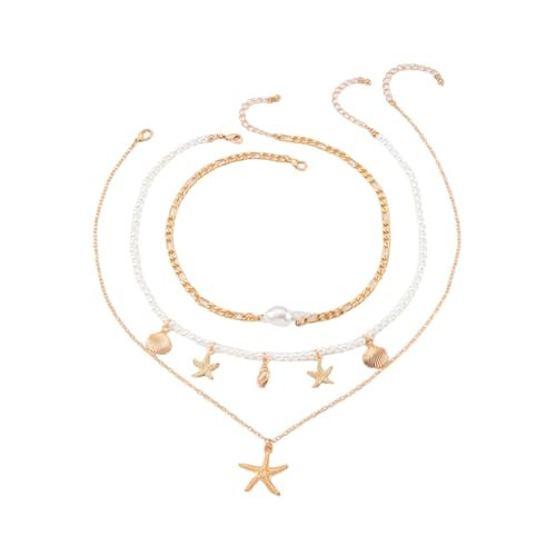 Natural Seashell Starfish Beaded Necklace for Women, Bohemian Summer Shell Layered Necklace，Shell Pearl Necklaces,Tropical Beach Party Jewelry，Ocean Jewelry Accessories (Pearl) | Amazon (US)