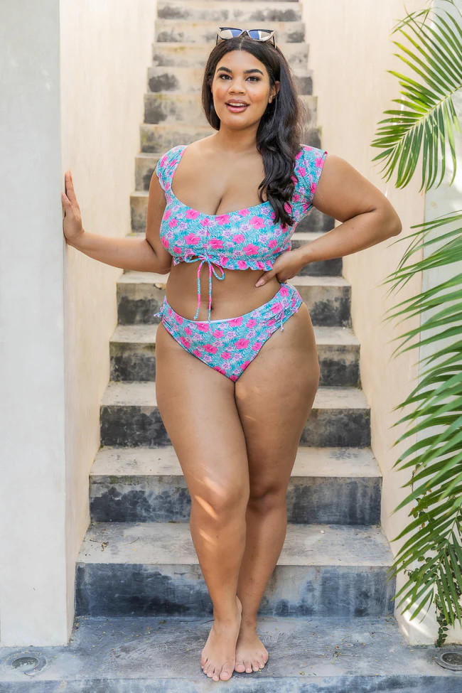 Cruise The Beach Pink Tropical Cinched Bust Bikini Top | The Pink Lily Boutique