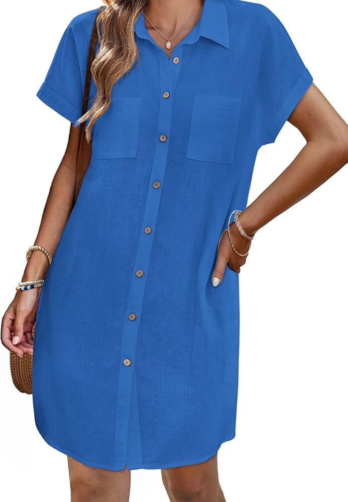 Zeagoo Womens Button Down Shirt Dress Summer Cotton Linen Dress V-Neck Mini Dress Casual Short Sl... | Amazon (US)