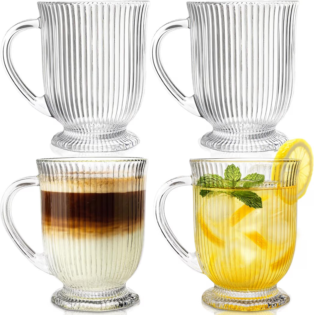 4 Pack Ribbed Glass Coffee Mugs, 16 Oz Clear Large Tea Glasses with Handle, Classic Vertical Stri... | Amazon (US)