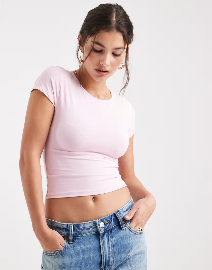 ASOS DESIGN polyamide slinky baby tee in baby pink | ASOS (Global)