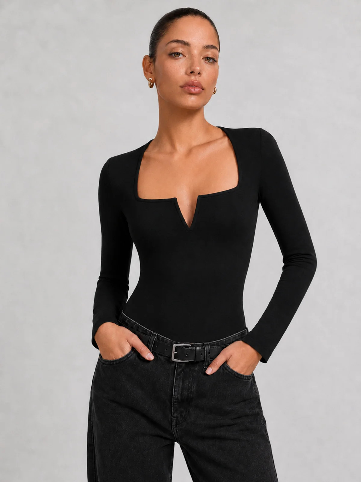 Notch Square Neck Long Sleeve Bodysuit | Commense