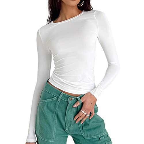 Basic Fitted Long Sleeve Shirts for Women Slim Fit Going Out Crop Tops Crew Neck Y2K Cropped Tight Shirts White | Amazon (US)