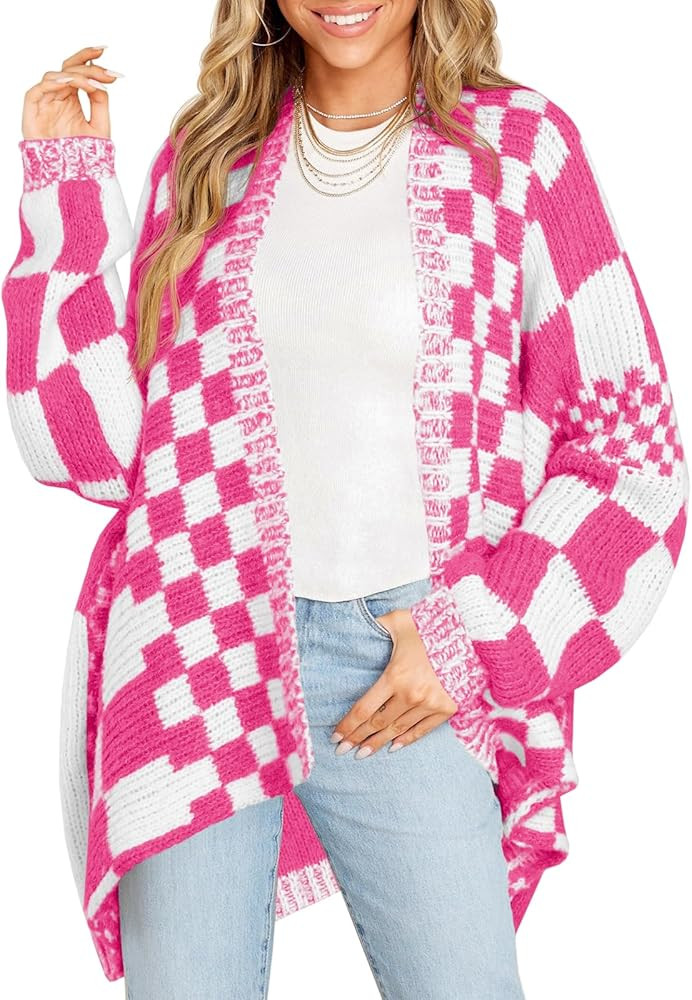 Saodimallsu Womens Checkered Sweater Color Block Plaid Cardigans Oversized Long Sleeve Knit Open ... | Amazon (US)