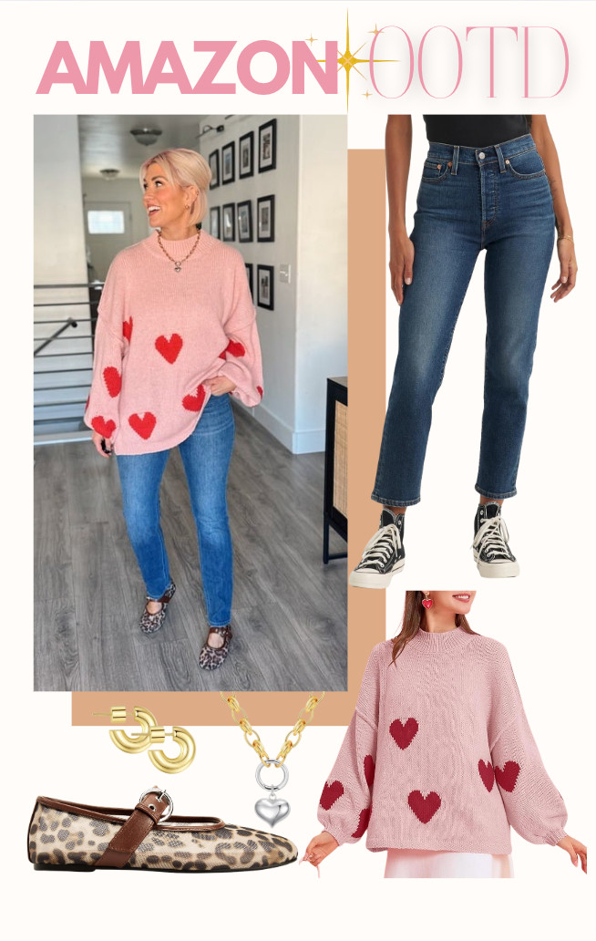 My perfect cozy and stylish outfit! Heart sweater, straight jeans, and comfy leopard flats. Jeans: 29 Sweater: Small Shoes: TTS 

 #LTKootd #LTKSaleAlert