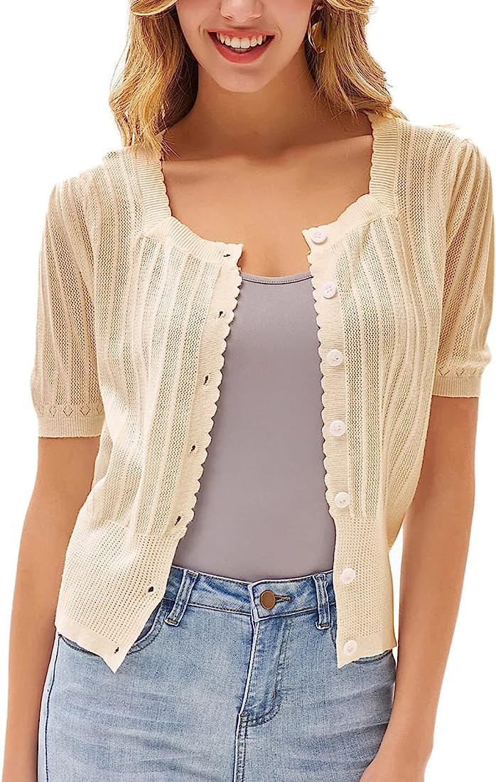 CURLBIUTY Women Vintage Short Sleeve Cropped Cardigan Square Neck Bolero Sweater | Amazon (US)