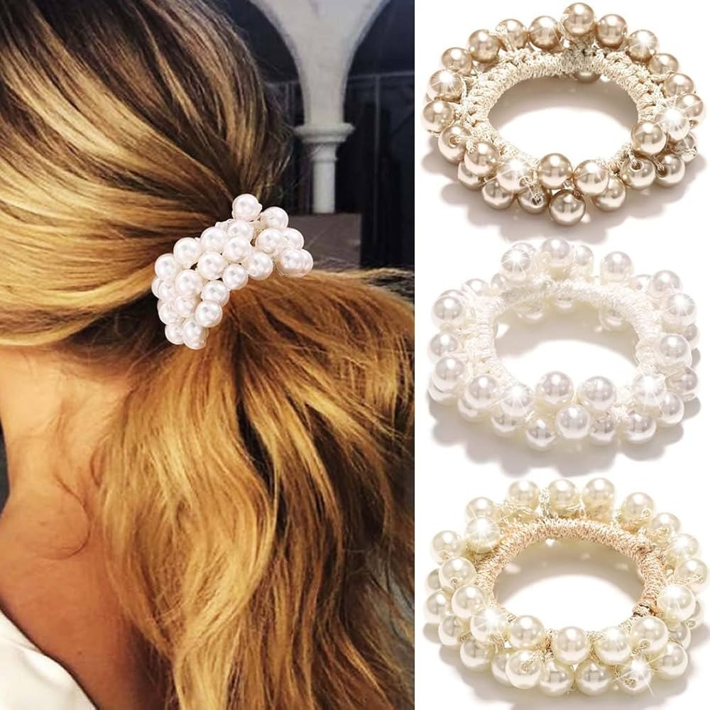 Fashey Pearl Hair Tie Beige Elastic Ponytail Holders Pearls Hair Scrunchies 3 Pcs Hair Accessorie... | Amazon (US)
