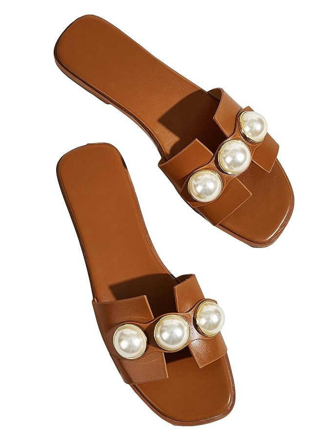 GORGLITTER Women's H Sandals Pearl Flat Sandals Square Toe Dressy Summer Cute Sandals Shoes 2025 | Amazon (US)
