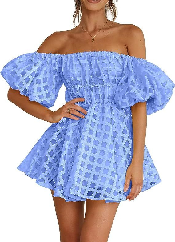 PRETTYGARDEN Women's Off The Shoulder Babydoll Dress Short Puff Sleeve Casual A Line Ruffle Summe... | Amazon (US)