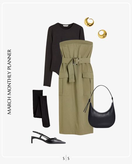 Monthly outfit planner: MARCH: Winter to Spring transitional looks | black bodysuit, strapless utility dress, sling back heels, sheer tights, handbags shoulder bag, earrings 

Workwear outfit idea 

See the entire calendar on thesarahstories.com ✨ 

#LTKworkwear #LTKstyletip