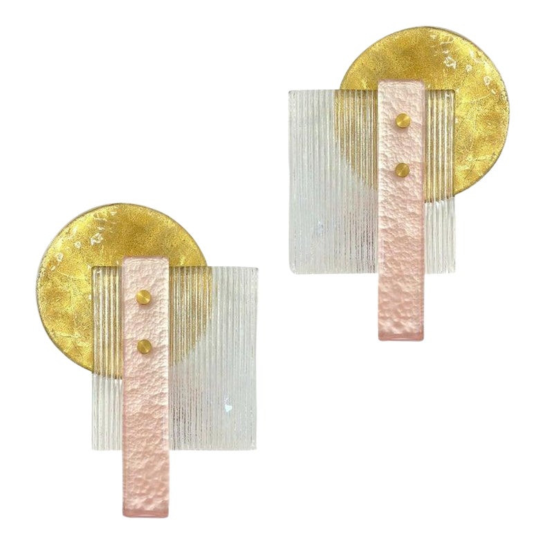 Italian Pair of Art Deco Style Textured Gold Pink & Crystal Murano Glass Sconces | 1stDibs