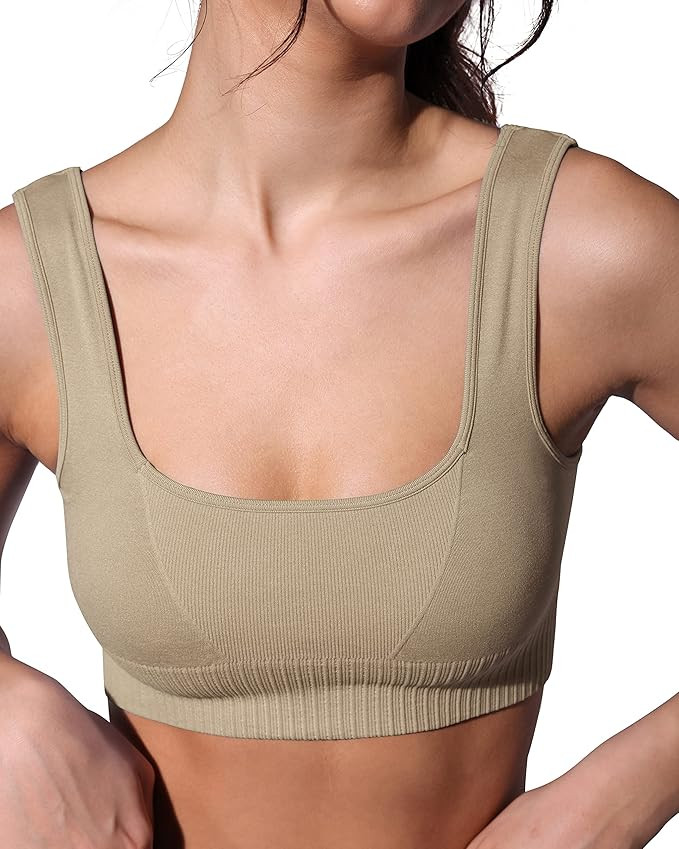 ODODOS Seamless Square Neck Sports Bra for Women Ribbed Crop Tank Casual Low Back Cropped Tops | Amazon (US)