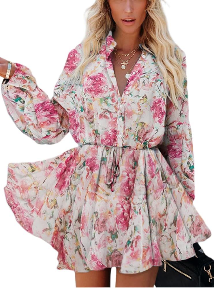 AlvaQ Womens Fall Summer Ruffle Lantern Sleeve Button Down Tie Waist Floral Print Swing Mini Dres... | Amazon (US)
