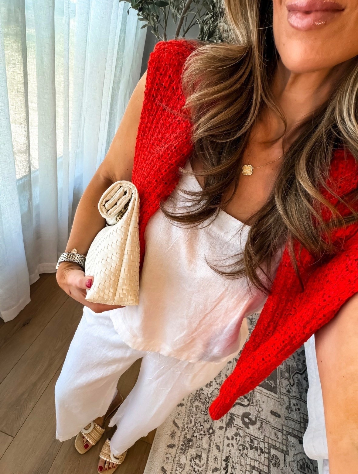 This is such a fun pop of color moment, the red knit sweater instantly elevates a simple white set and makes it feel styled without trying too hard. I love how light and breathable everything is, perfect for warm days but still looks polished.

spring outfit, red outfit, white summer set, elevated casual look, easy outfit idea, lightweight layers, chic everyday style, vacation outfit, warm weather outfit, amazon fashion finds, themominstyle

#LTKootd #LTKSeasonal #LTKOver40