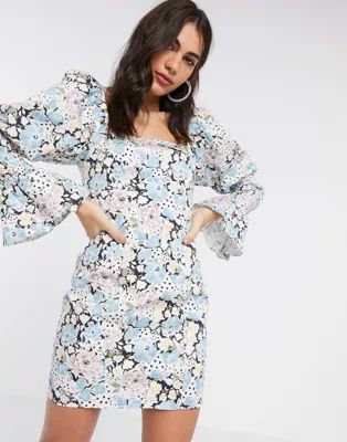 River Island square neck shirred fluted sleeve mini dress in blue floral | ASOS | ASOS (Global)