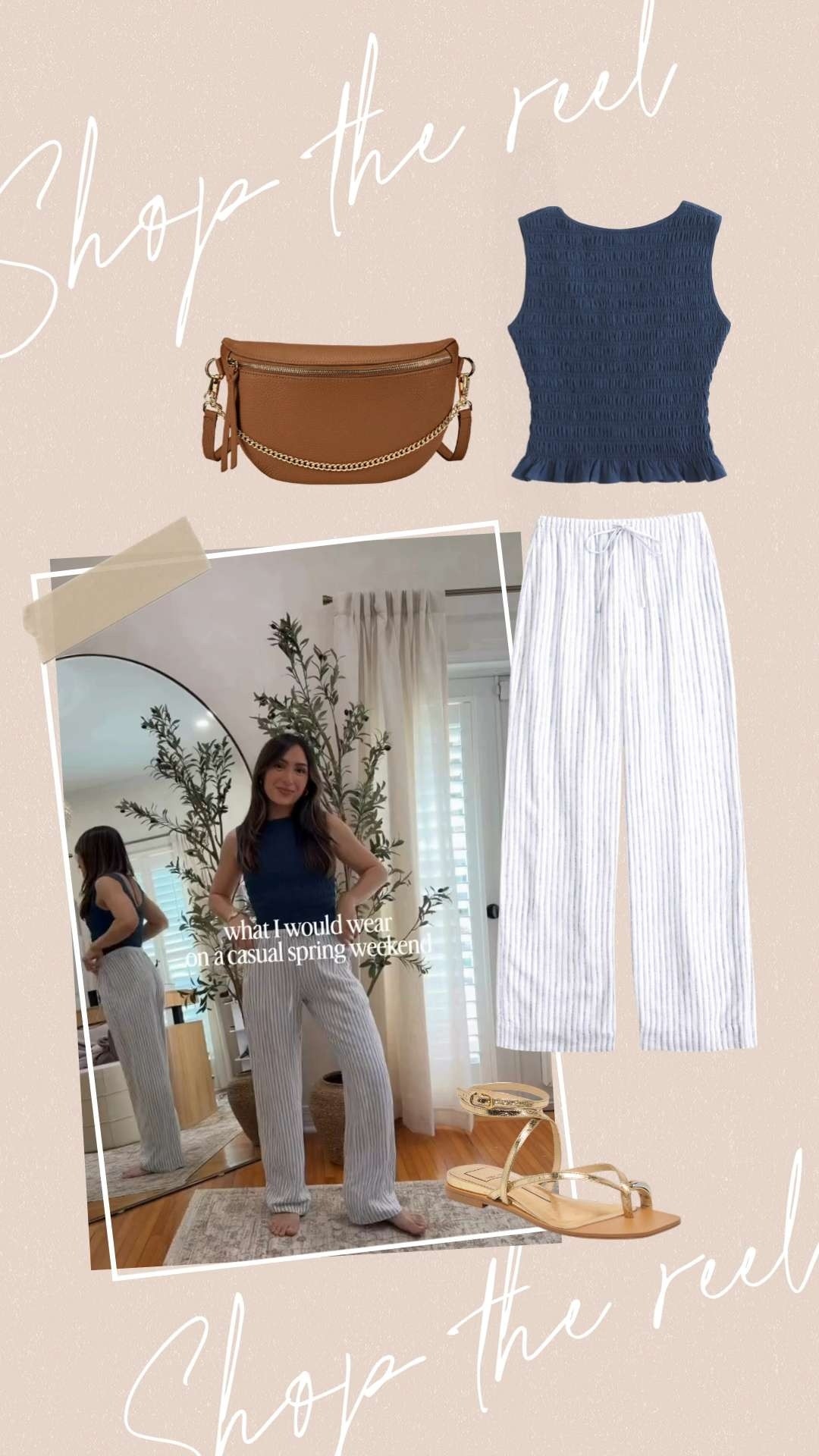 An easy spring outfit that looks put together but still feels super comfortable. The smocked top is so flattering, the striped pants are lightweight and relaxed, and the gold sandals + brown bag pull the whole look together. Perfect for a casual spring weekend!!!! 🌿🤍 

 #LTKootd #LTKSeasonal #LTKPetite