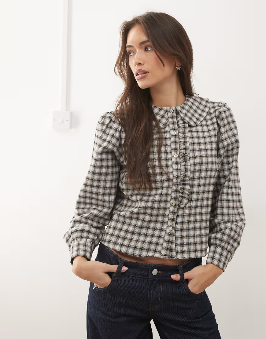 Reclaimed Vintage boxy shirt with peter pan collar and ruffle in brown and blue check-Multi | ASOS (Global)