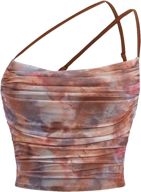 Floerns Women's Tie Dye Spaghetti Strap Cut Out One Shoulder Ruched Crop Cami Top | Amazon (US)