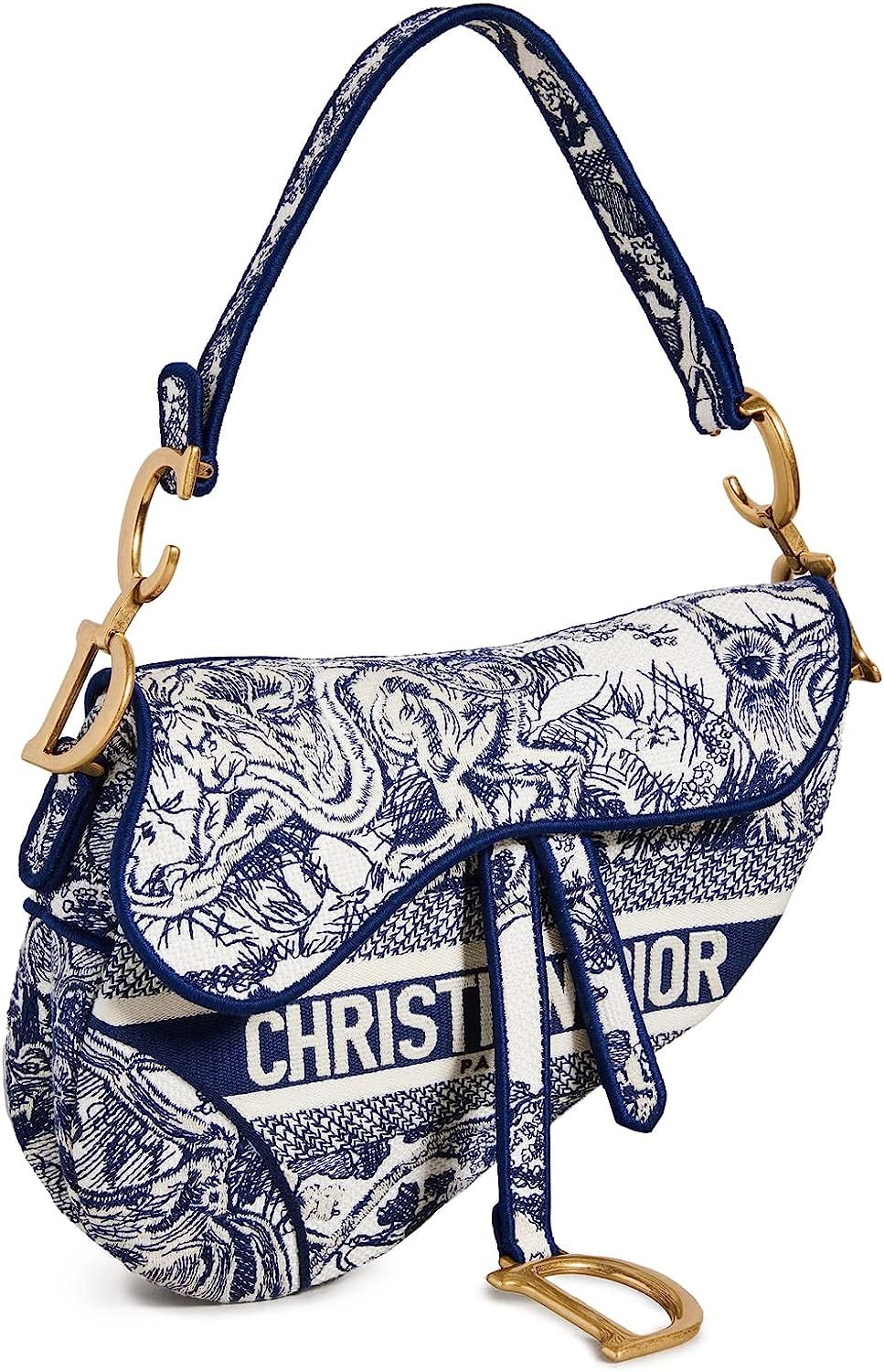 WHAT GOES AROUND COMES AROUND Women's Pre-Loved Dior Blue Embroidered Tole De Jouy Saddle Bag | Amazon (US)
