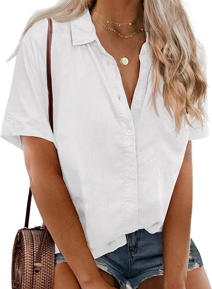 IN'VOLAND Womens Plus Size Linen Button Down Shirts Short Sleeve Cotton Casual Collared Shirt V N... | Amazon (US)