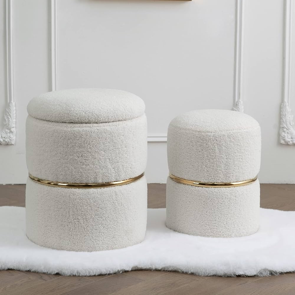 Amazon.com: Faux Fur Round Storage Ottoman Upholstered Vanity Stool Foot Rest with Gold Metal Hoo... | Amazon (US)