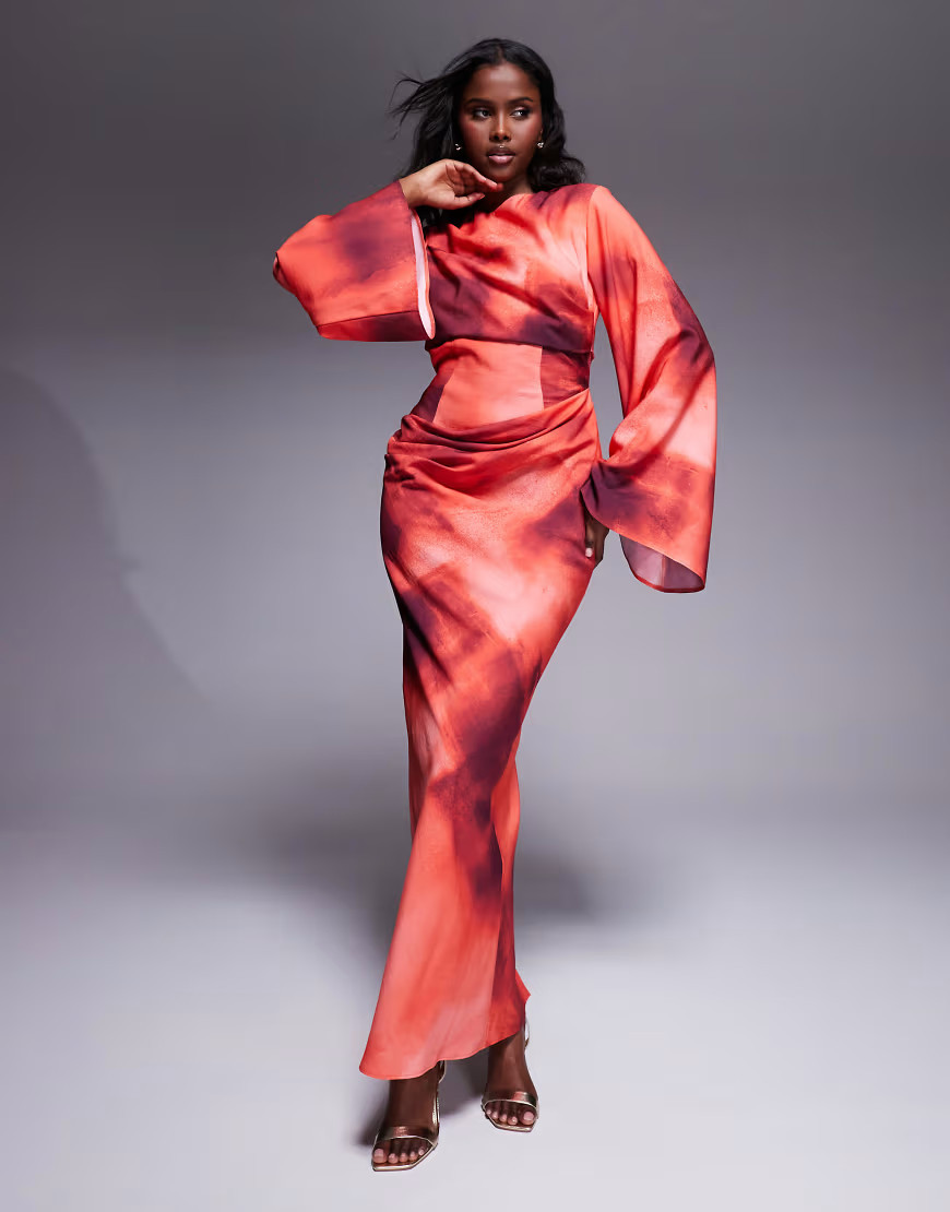 ASOS DESIGN long sleeve waisted maxi dress in abstract print-Multi | ASOS (Global)