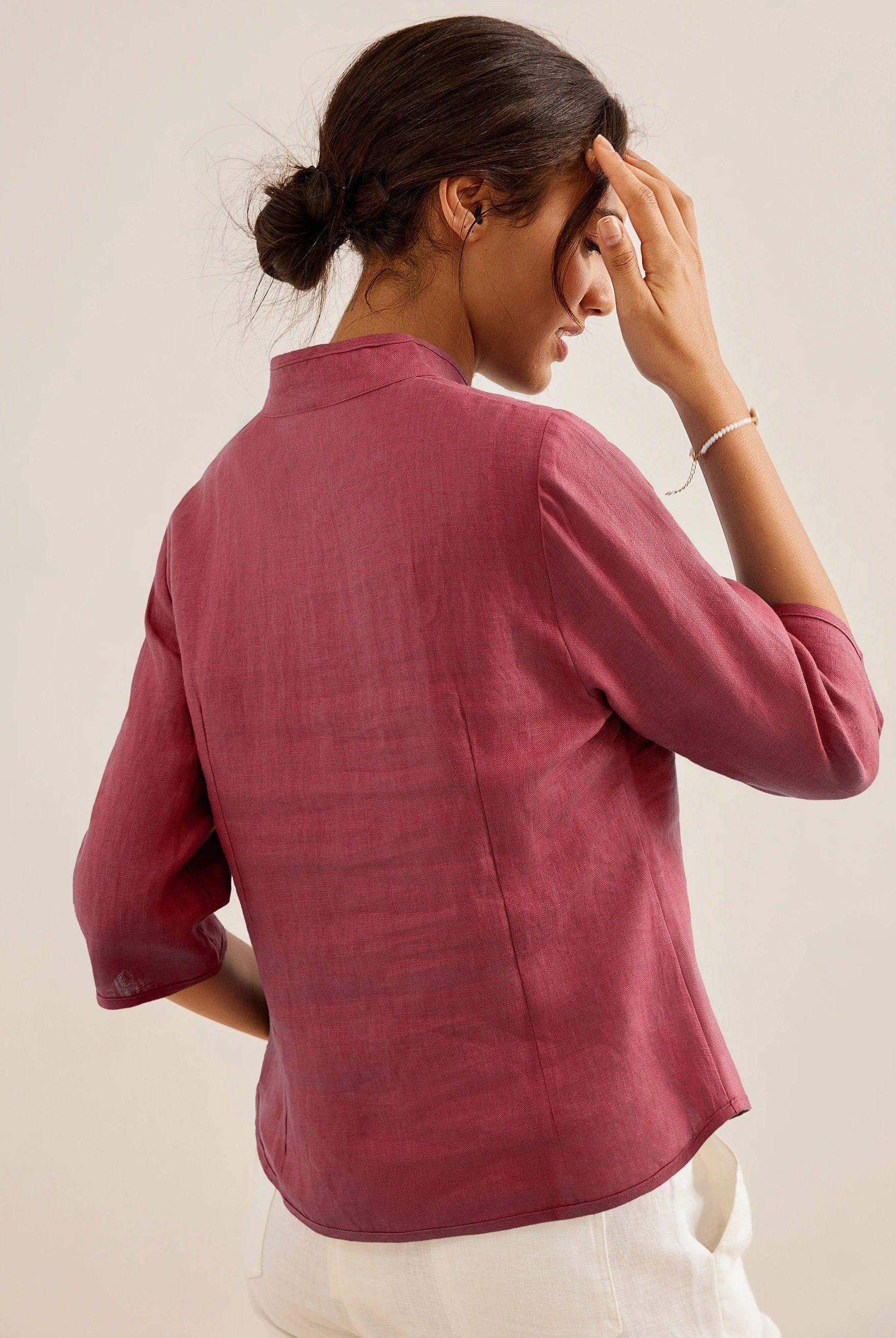 Hand Button Linen Jacket | Women's Fitted Top | LINTICO