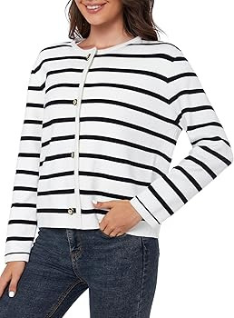 Women's Striped Cardigan Sweater Trendy Long Sleeve Button Down Crewneck Knit Cardigans | Amazon (US)