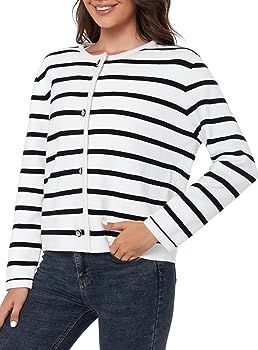 Women's Striped Cardigan Sweater Trendy Long Sleeve Button Down Crewneck Knit Cardigans | Amazon (US)