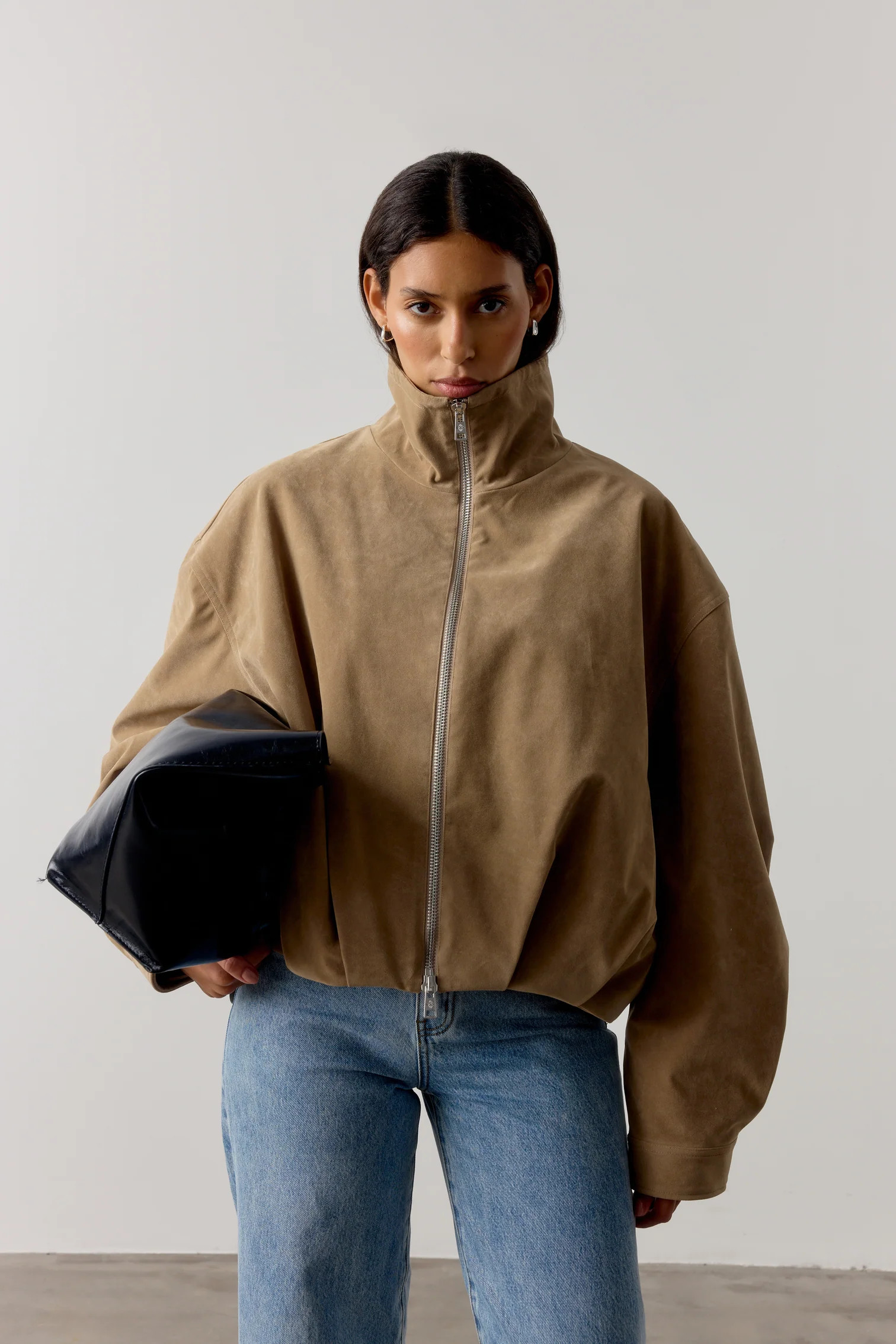 FAUX SUEDE FUNNEL NECK JACKET - BEIGE | The Couture Club