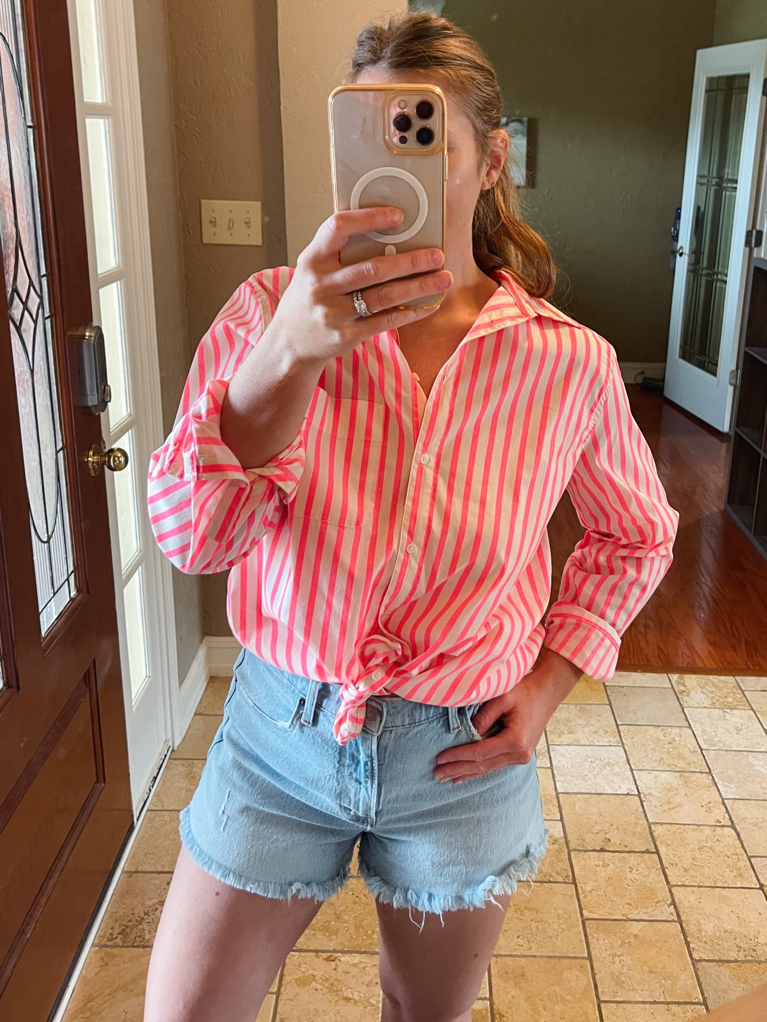 mom style • casual style • easy outfit • simple outfit • bright outfit • denim shorts • button down • sahm style • style over 30 • Abercrombie denim 

top size medium and it’s oversized 
shorts size 28

#LTKFindsUnder50 #LTKStyleTip #LTKMidsize