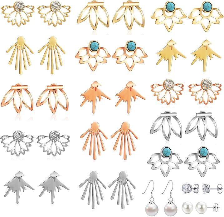 18/21 Pairs Multiple Lotus Flower Ear Jacket Earrings for Women and Girls-Minimalism CZ BarTurquo... | Amazon (US)