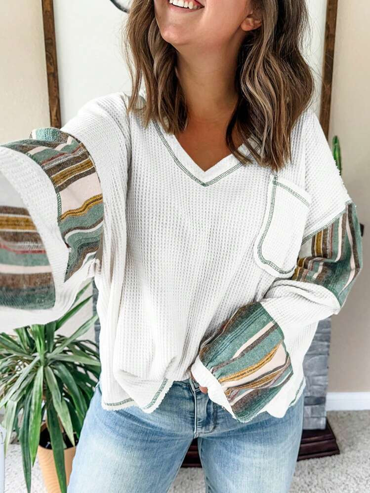 Drop Shoulder Striped Patchwork Long Sleeve Waffle Knit Top With Pocket | SHEIN