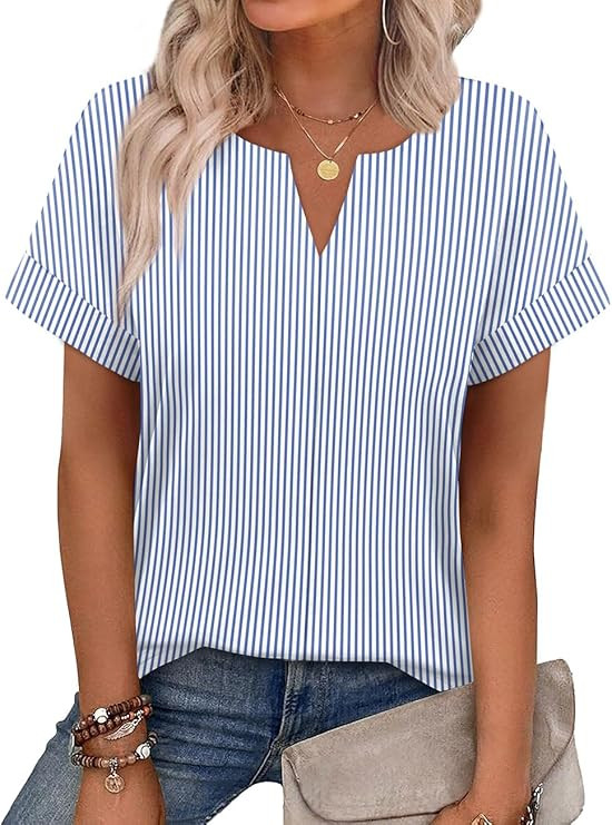WIHOLL Womens Summer Tops 2026 Short Sleeve V Neck T Shirts Fashion Beach Vacation Clothes Busine... | Amazon (US)