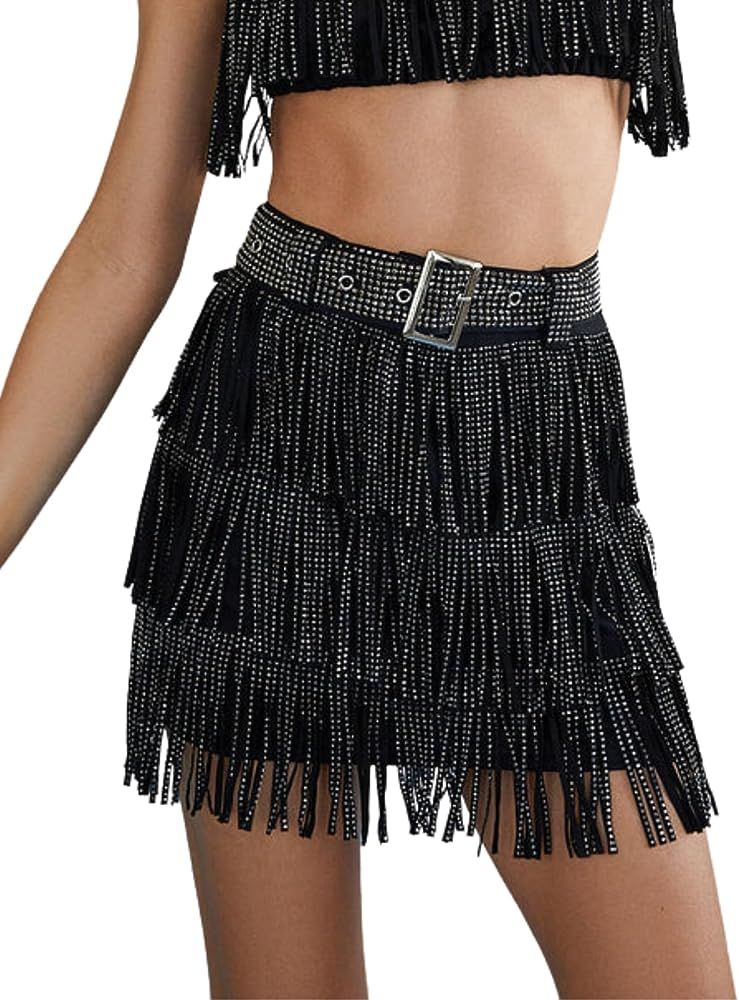 Womens Sparkle Rhinestone Fringe Skirt Elastic Waistband Short Mini Dress with Adjustable and Rem... | Amazon (US)